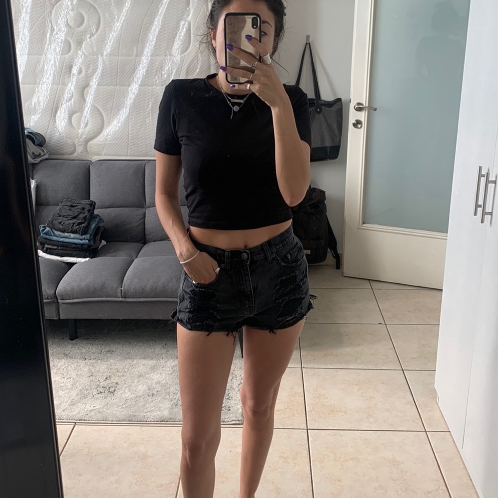 Pull&Bear Black Distressed Denim Jean Shorts